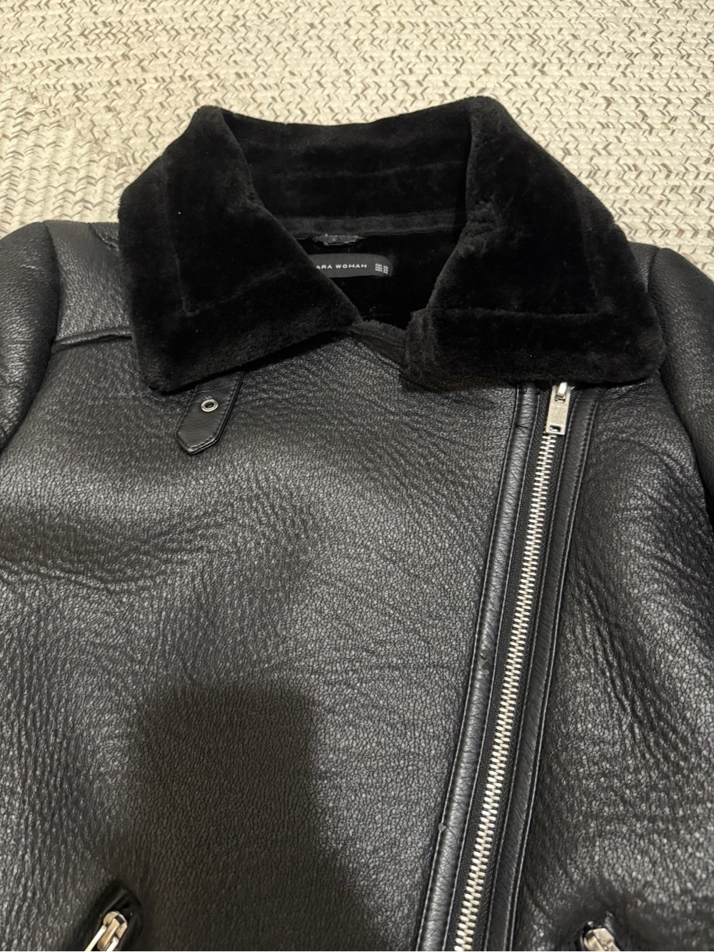 Zara Black Double-Faced Faux Shearling Biker Jacket - Picture 10 of 11